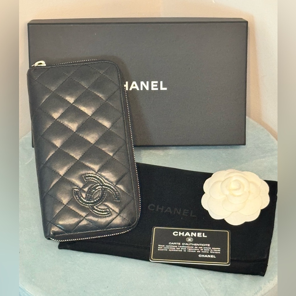 CHANEL Black Quilted Long Zippy Wallet